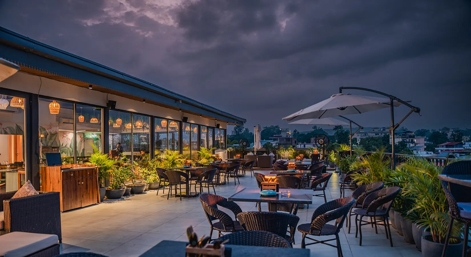 Hotel Vishranti rooftop — The Gaia Gourmet at dusk